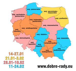 Mapa z terminami ferii 2019 w polskich województwach